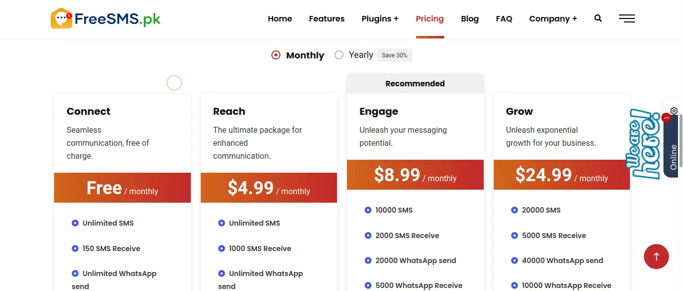 Freesms.pk pricing page